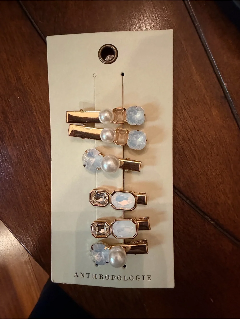 Anthropologie Gold Hair Clips with Pearl and Opalescent Stones